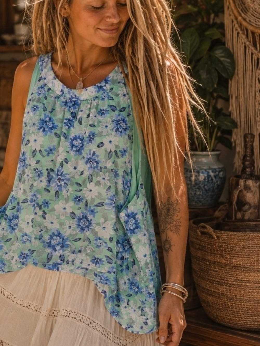 4/$15 Boho Coastal Grandma Sleeveless Floral Swing Dress Blouse Women's Shirt 2X